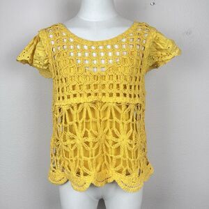 Miss Me Shirt Womens Medium Yellow Boho Crochet  Babydoll Festival Cottagecore